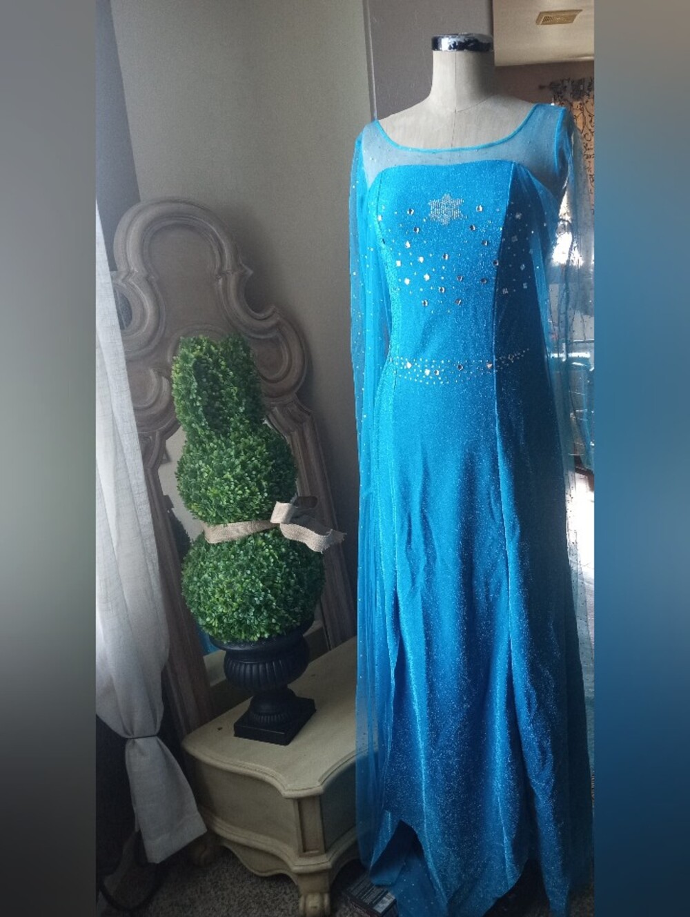 Elsa Halloween Costume Gown with Sheer Long Sleeves